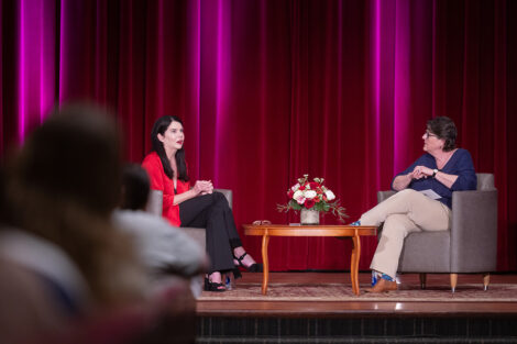 Lauren Graham speaks on stage at Colton Chapel.