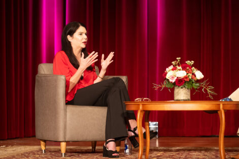 Lauren Graham speaks on stage at Colton Chapel.