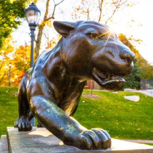 The sun glints off the leopard statue.