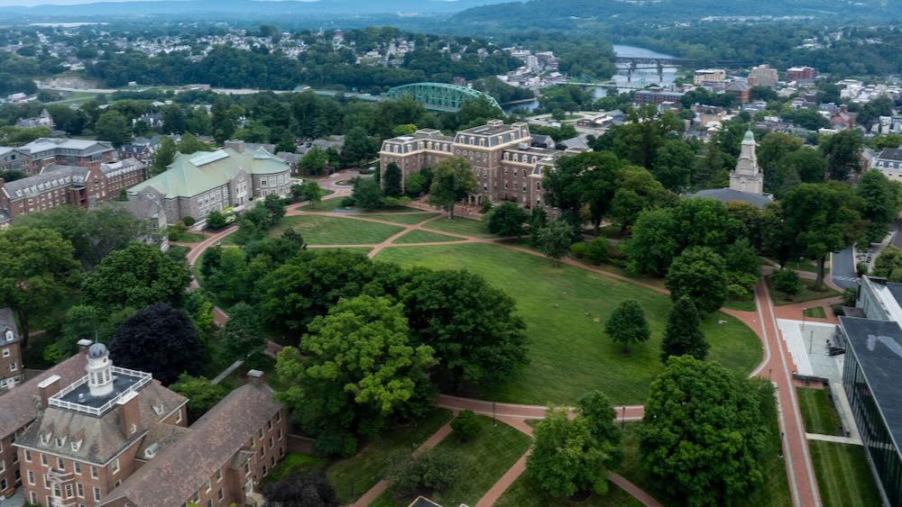 Aerial view of Pardee Hall, Farinon College Center, and the Quad.