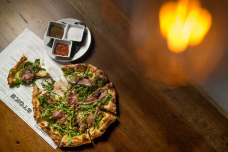 Pizza on a wooden table
