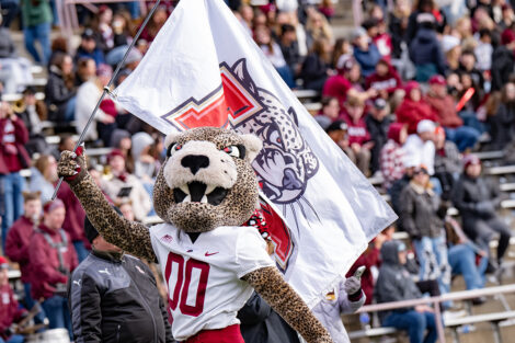 Roary the Leopard waves a Lafayette flag in front of a crowd.